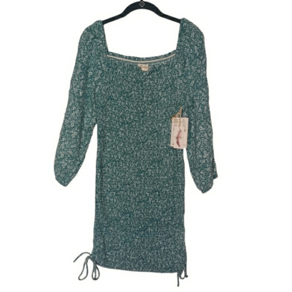 JESSICA SIMPSON Floral Teal Green White Smocked Stretchy Ruching Mini Dress NWT - Picture 2 of 8